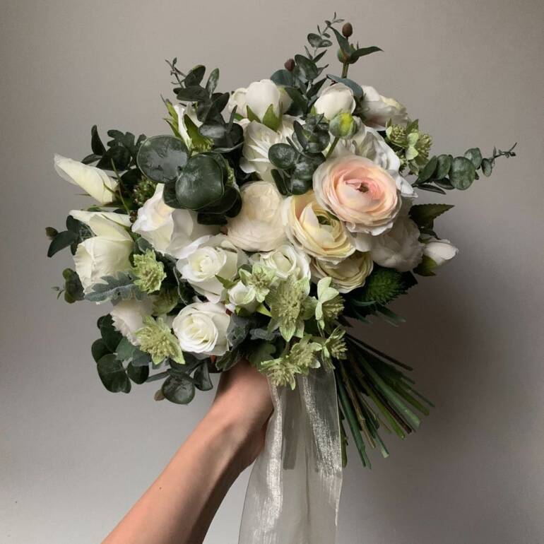 Everlasting ivory silk flowers wedding bouquet.