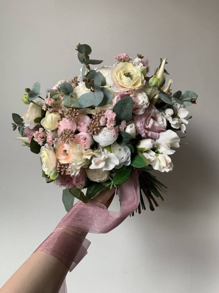 Everlasting pink & white silk flowers wedding bouquet.