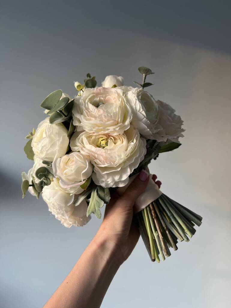 Everlasting Ivory silk ranunculus wedding bouquet.