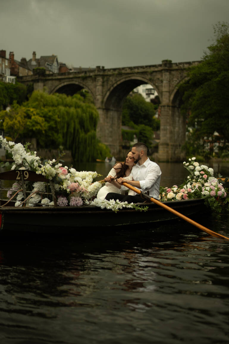 An unforgettable, out-of-this-world boat elopement in historic Knaresborough- a magical, dreamy atmosphere of a waterside ceremony.