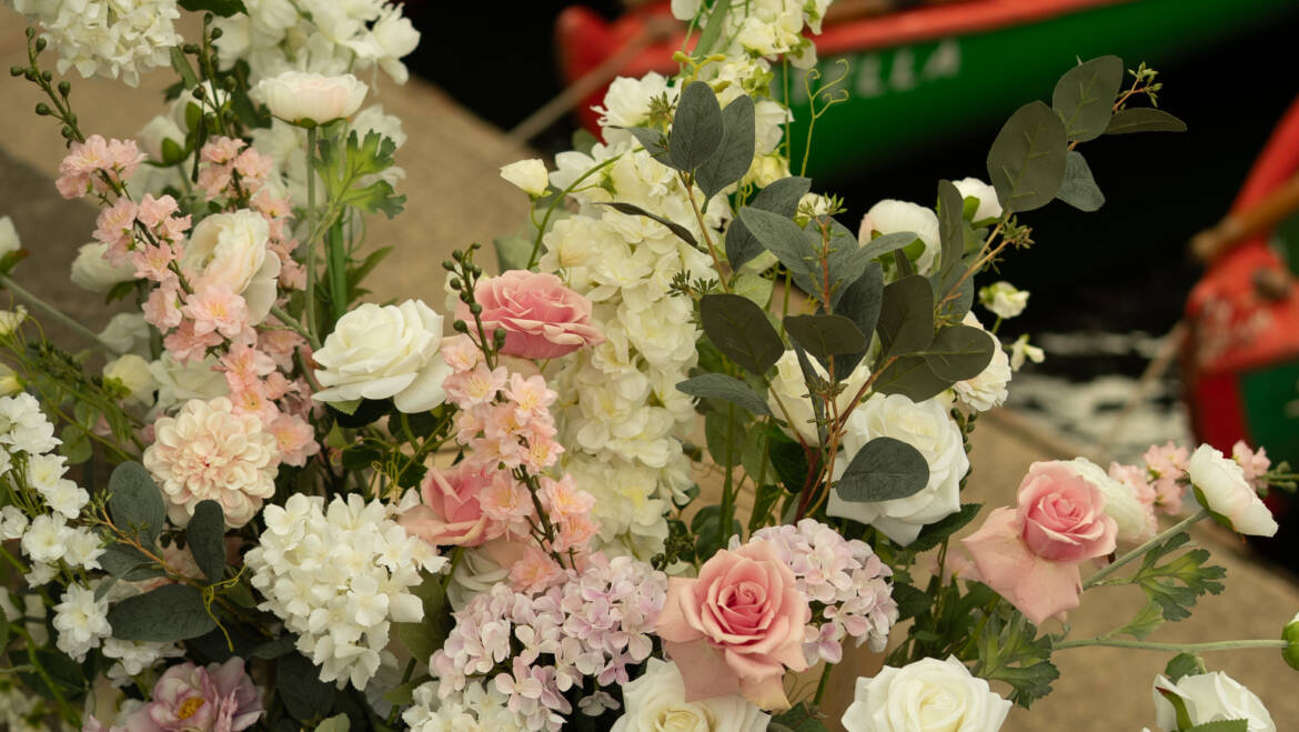 Symphony of white and pink blooms transforming the historical venue into a flower haven
