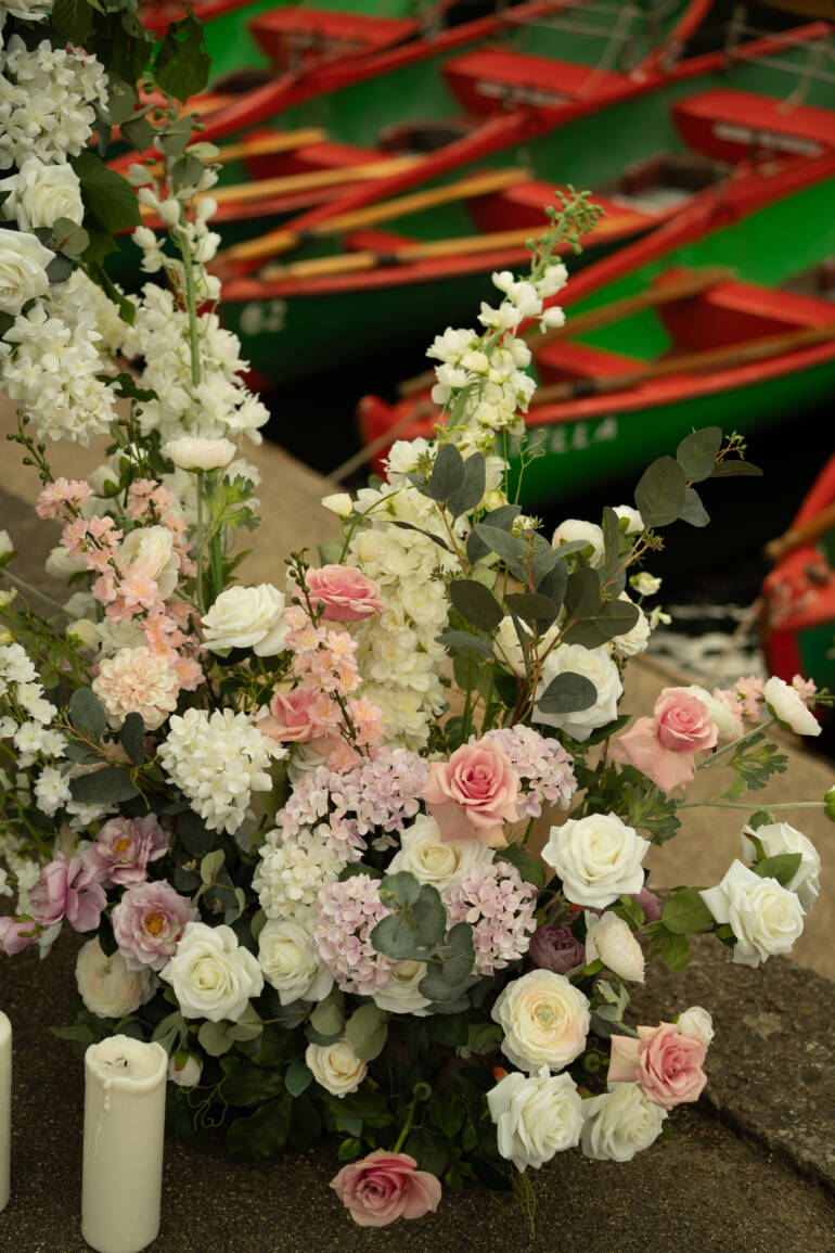 Symphony of white and pink blooms transforming the historical venue into a flower haven